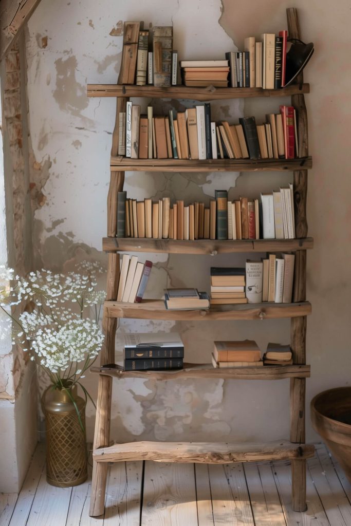 Farmhouse-inspired library with a unique leaning rustic wooden ladder used as a bookshelf.