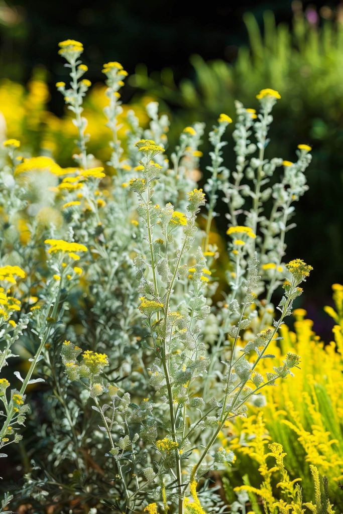 Silver-gray foliage and small yellow flowers of artemisia in a sunlit garden.