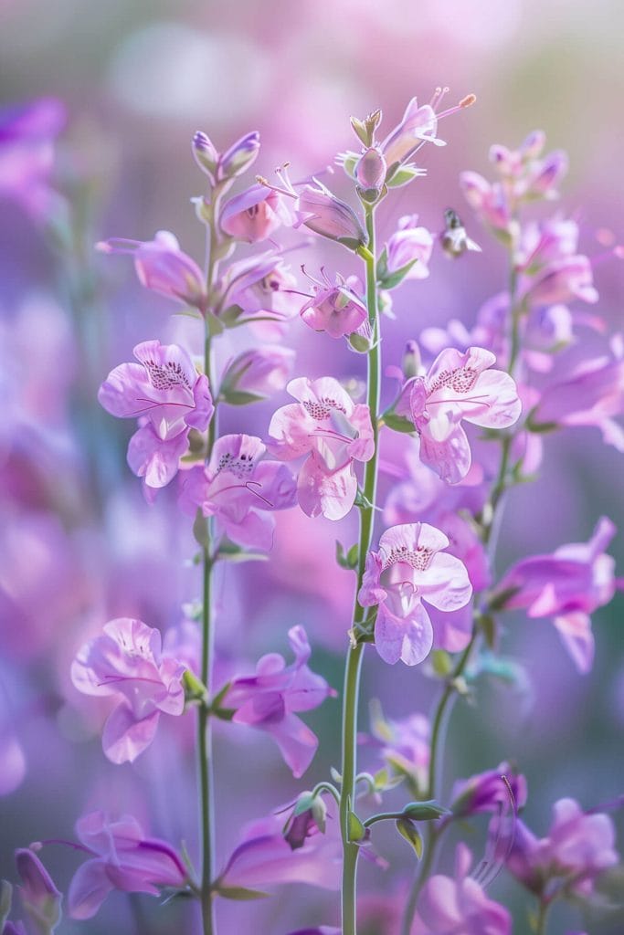 Tubular penstemon flowers in pink, purple, and white blooming in a sunny garden, attracting hummingbirds and bees.