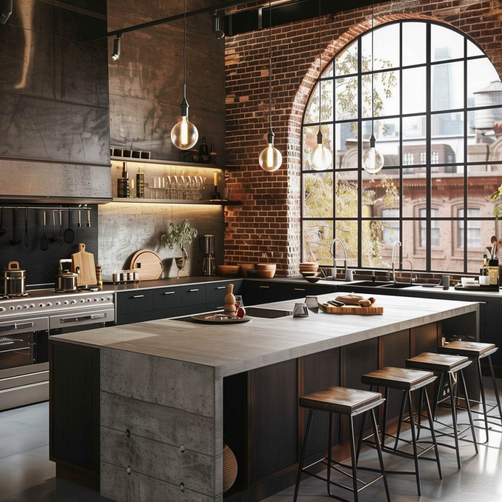 Kitchen with industrial elements like exposed brick and metal finishes.