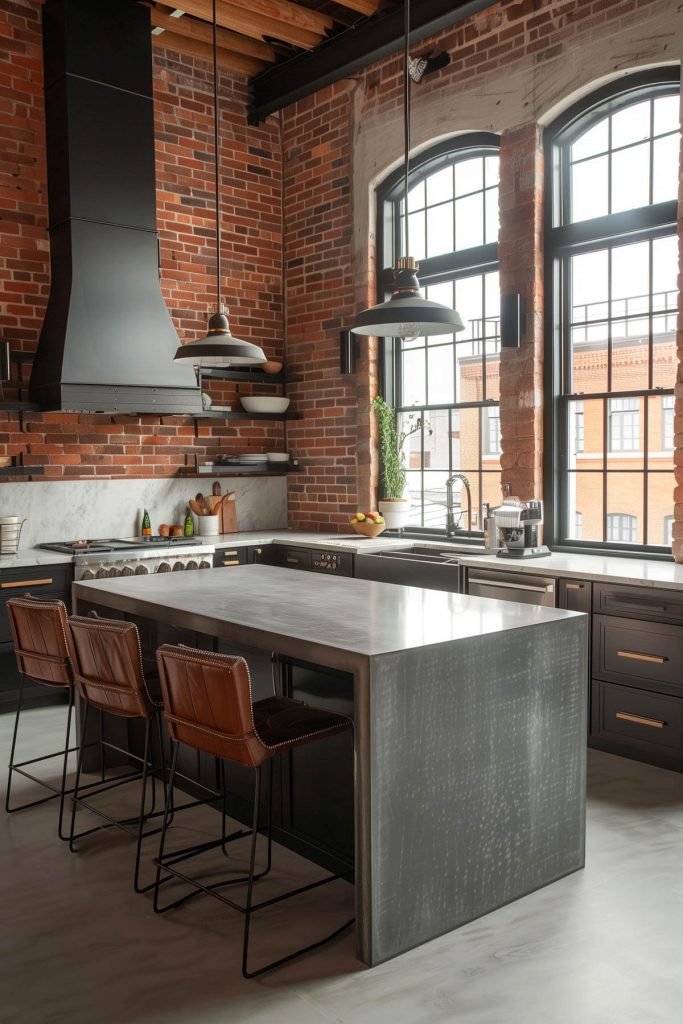 Kitchen with industrial elements like exposed brick and metal finishes.