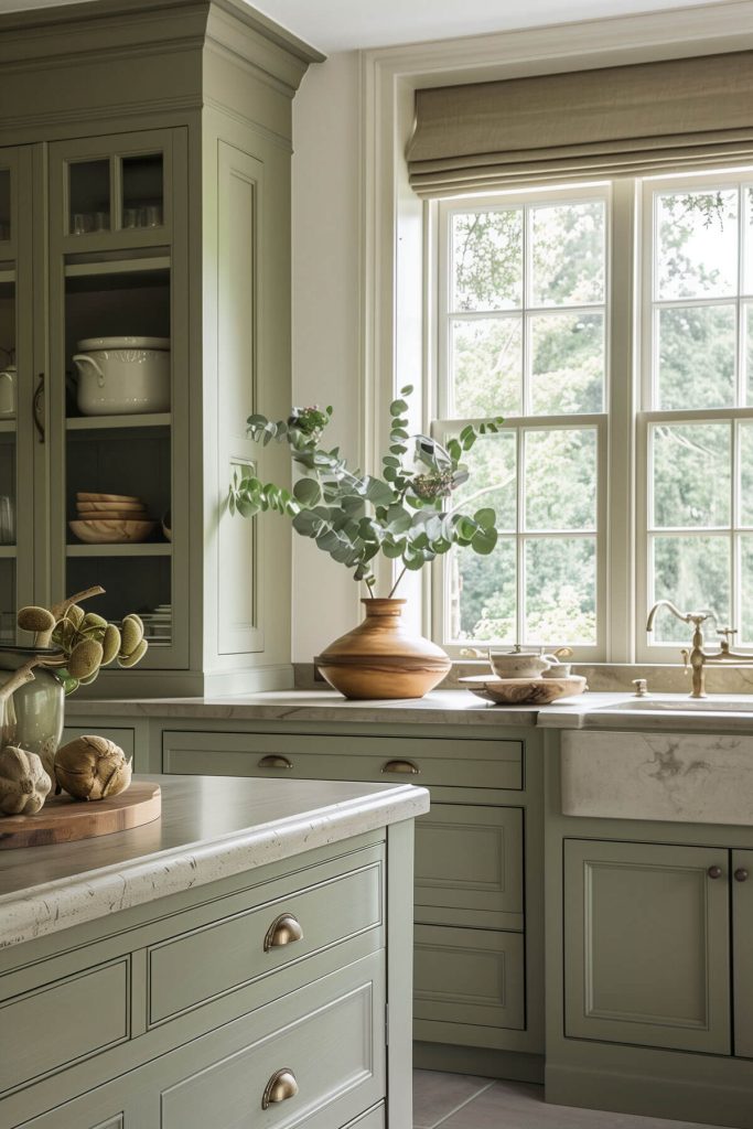 Sage green cabinets complemented by natural limestone countertops in a serene kitchen.