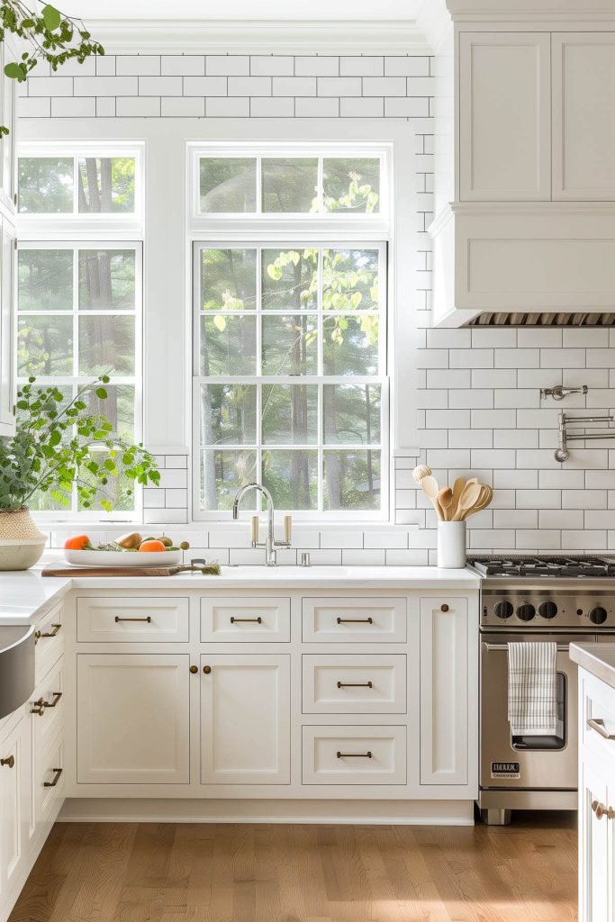 Tall white kitchen cabinets paired with a full-height white subway tile backsplash.
