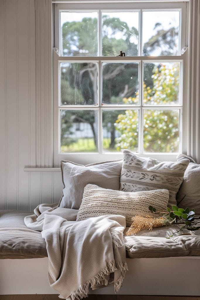 A window seat with cushions and throws creating a perfect reading nook in a bedroom.