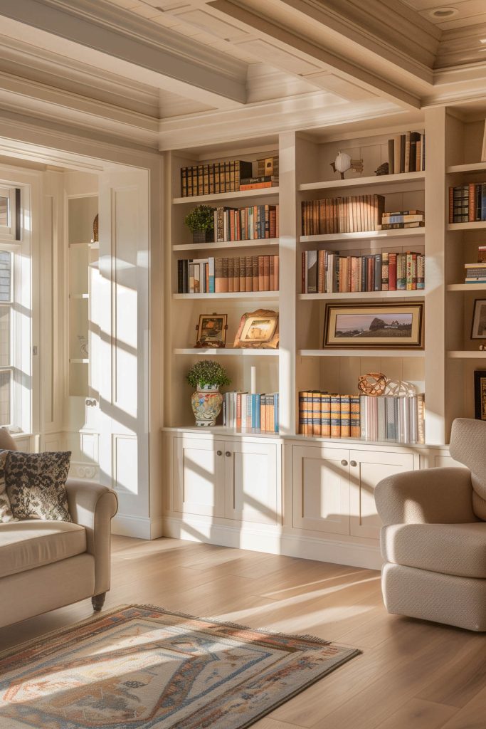 Dramatic floor-to-ceiling bookshelves creating a grand atmosphere in a spacious library.