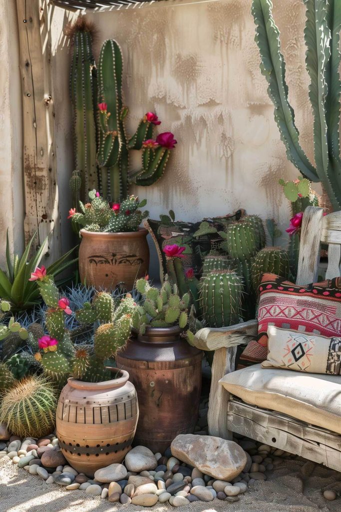 A desert-inspired garden with cacti, pebbles, and terracotta pots.