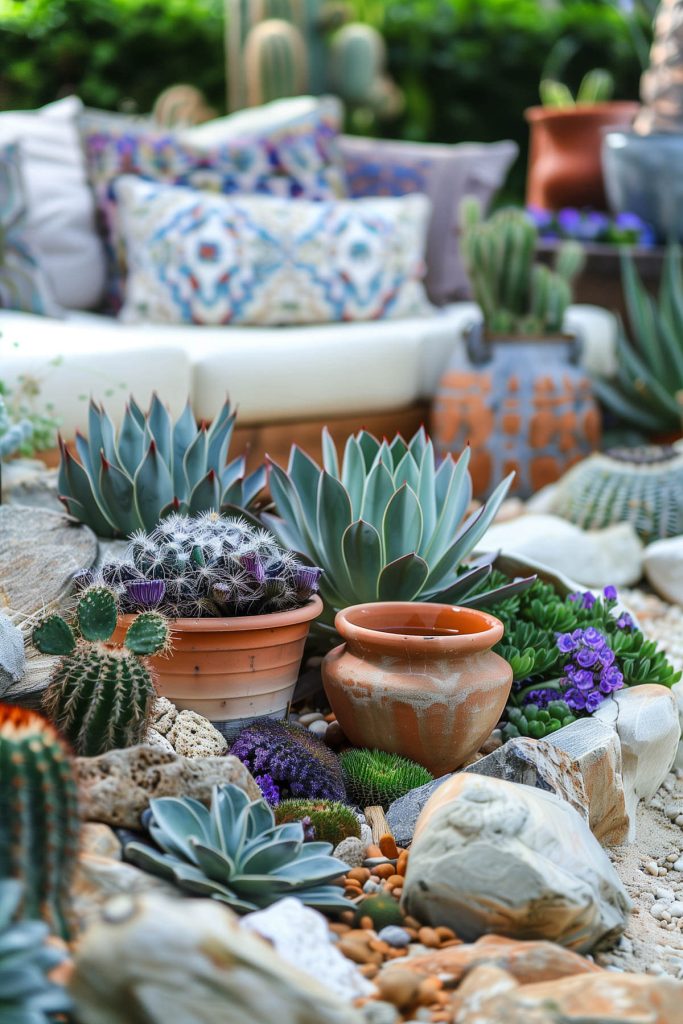 A desert-inspired garden with cacti, pebbles, and terracotta pots.