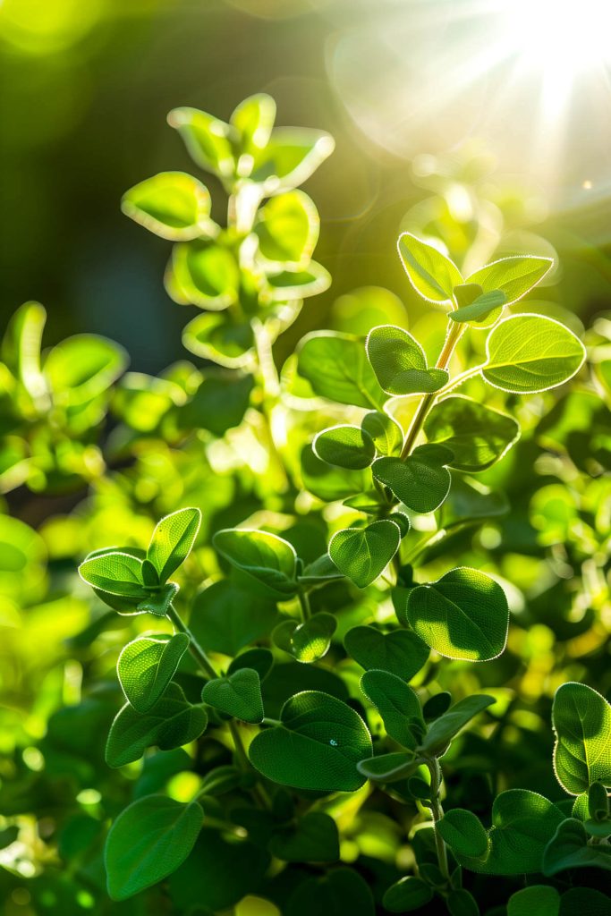 An oregano plant with small, aromatic leaves, set in a Mediterranean-style garden with bright sunlight.