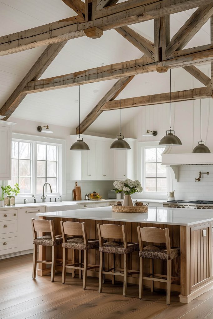 Spacious farmhouse kitchen with exposed wooden beams against a soft white ceiling, embodying classic charm.