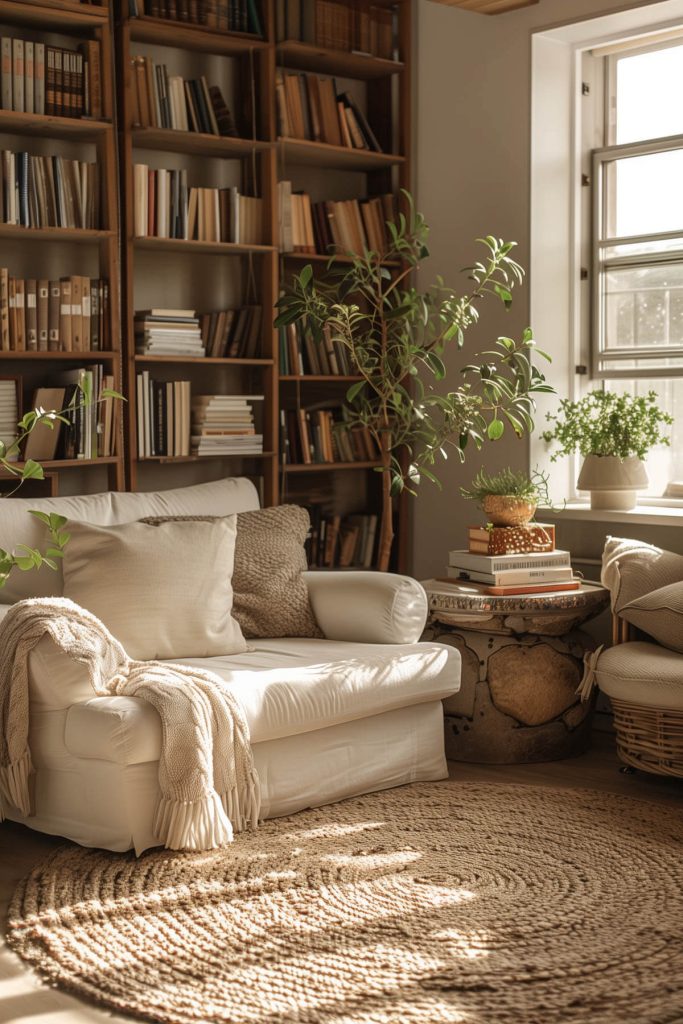 Natural elements like wood, stone, and plants creating a connected feel in the library.