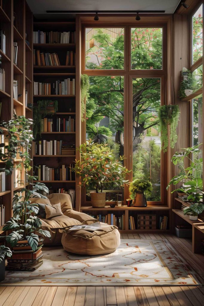 Natural elements like wood, stone, and plants creating a connected feel in the library.