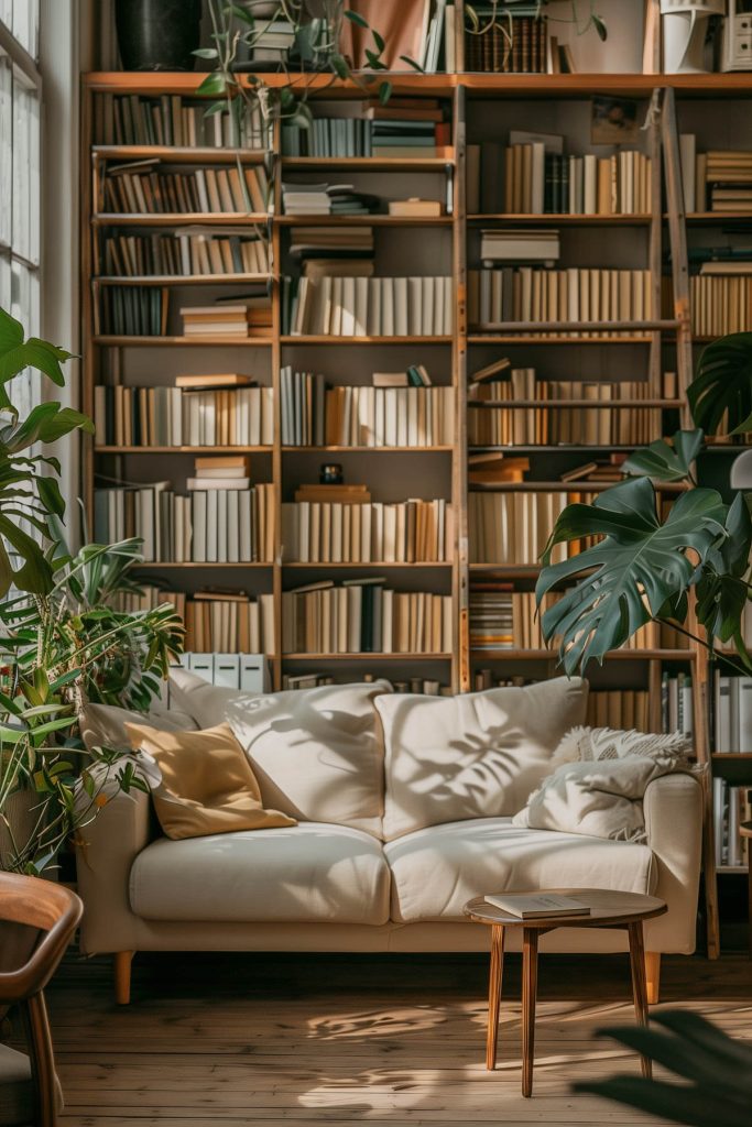 Natural elements like wood, stone, and plants creating a connected feel in the library.