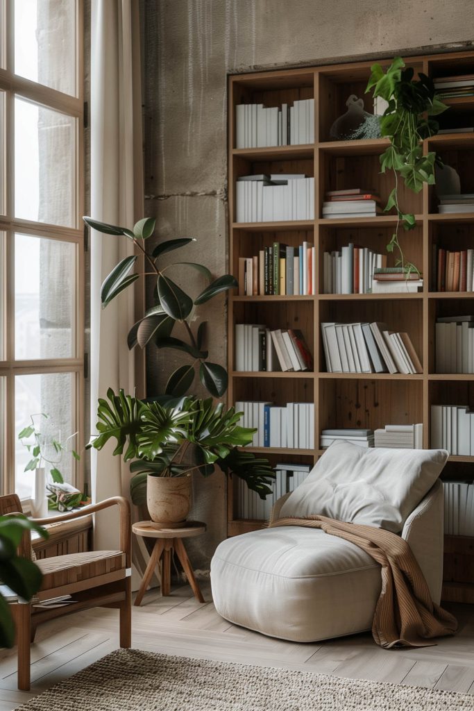 Natural elements like wood, stone, and plants creating a connected feel in the library.