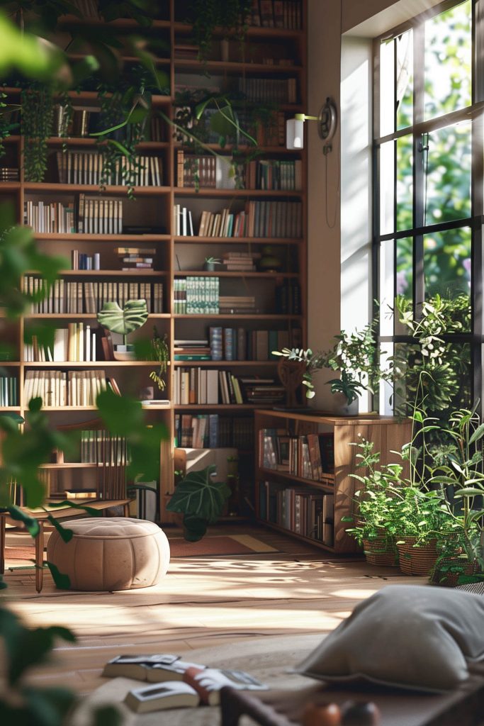 Natural elements like wood, stone, and plants creating a connected feel in the library.