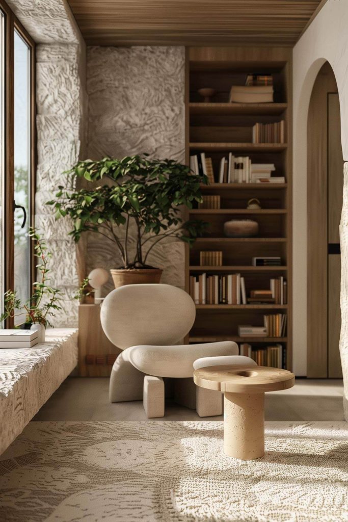 Natural elements like wood, stone, and plants creating a connected feel in the library.