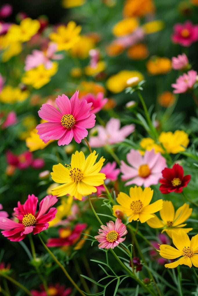 Cheerful coreopsis flowers in yellow, pink, and red blooming in a sunlit garden, creating a lively and colorful landscape.