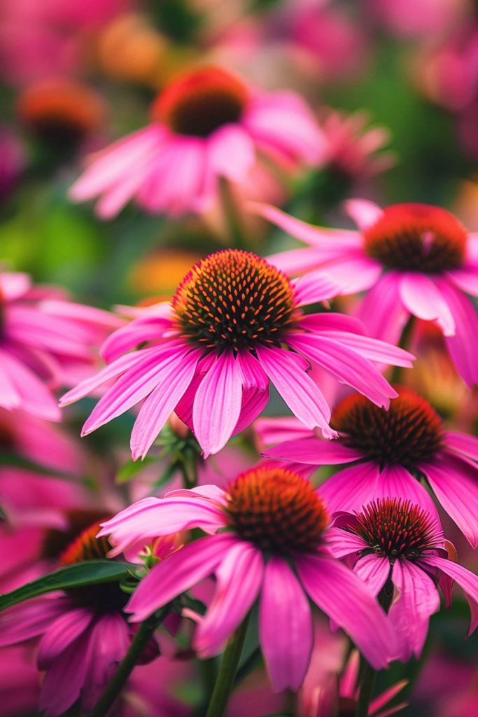 Close-up of bright pink echinacea flowers with cone-shaped centers against a green background.