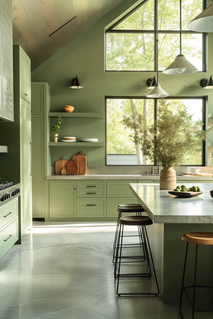 Sleek sage green cabinets paired with polished concrete countertops in a minimalist kitchen design.