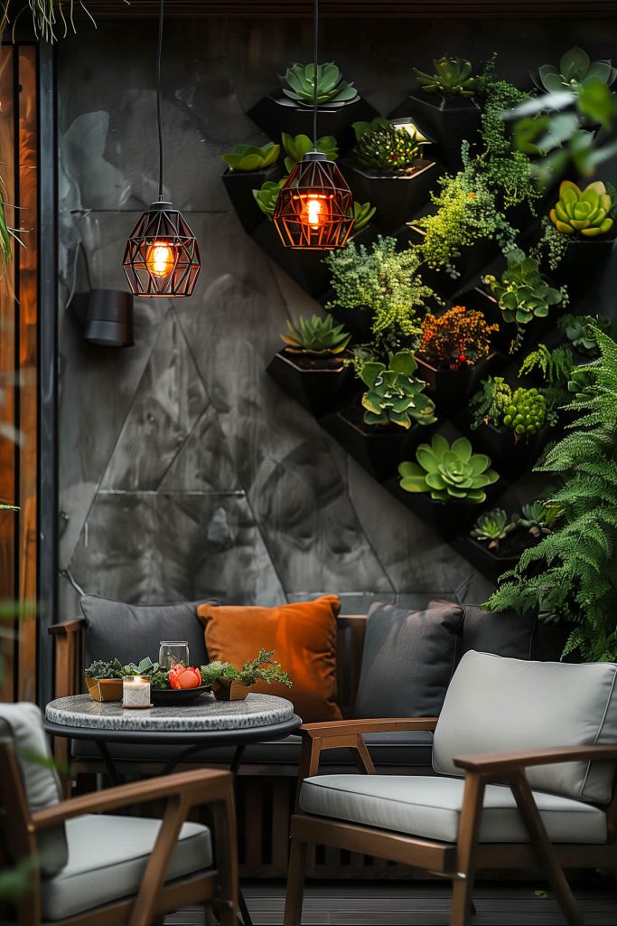 A modern chic corner garden with black geometric planters and a variety of succulents.