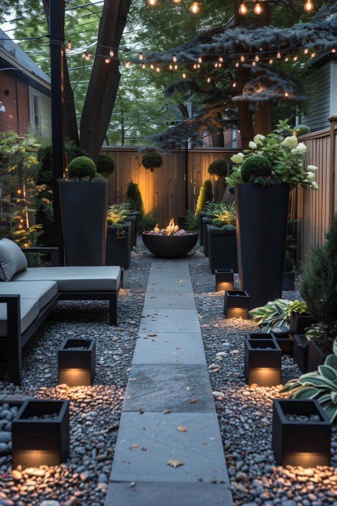 A modern chic corner garden with black geometric planters and a variety of succulents.