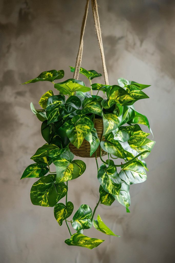 Ultra-realistic photograph of a Pothos plant in a hanging basket with cascading green and yellow variegated leaves.