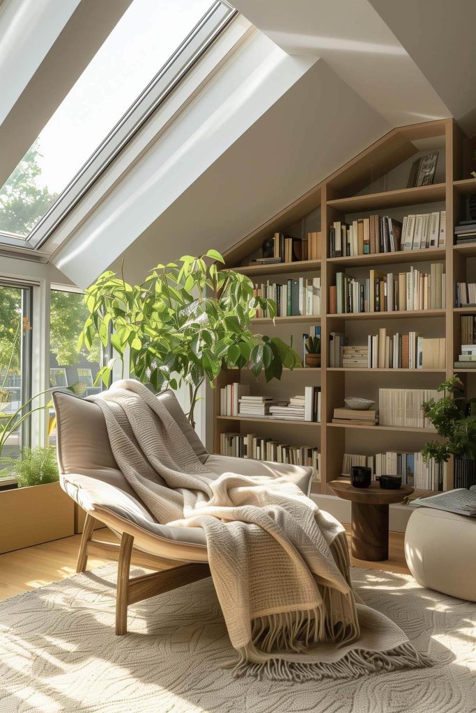 A bright library nook with a cozy reading chair positioned under a skylight, surrounded by bookshelves filled with books.