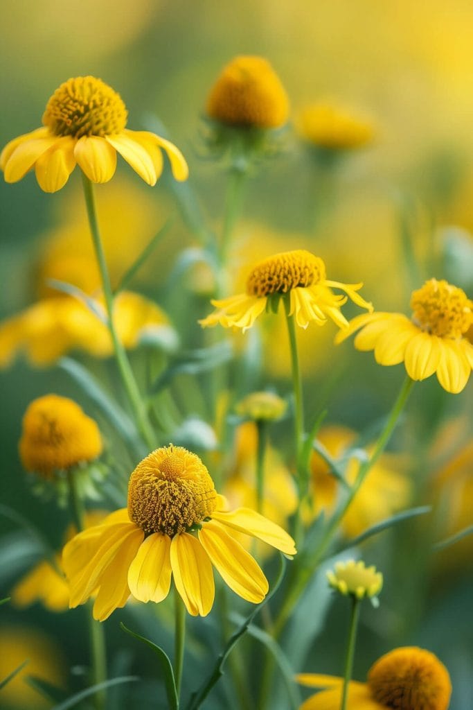 Daisy-like helenium flowers in shades of yellow, blooming in a sunny garden, adding bright, cheerful color.