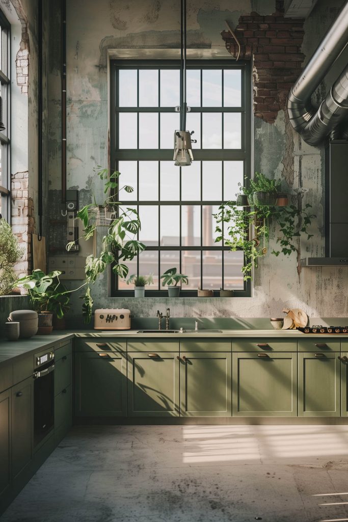 Sage green cabinets with metal mesh inserts and hardware in an industrial-inspired kitchen.