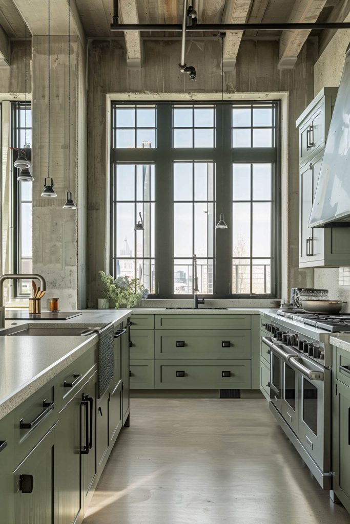 Sage green cabinets with metal mesh inserts and hardware in an industrial-inspired kitchen.