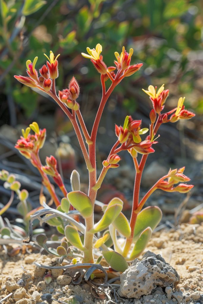 Unique tubular red and yellow flowers of kangaroo paw against sandy, sunlit soil.