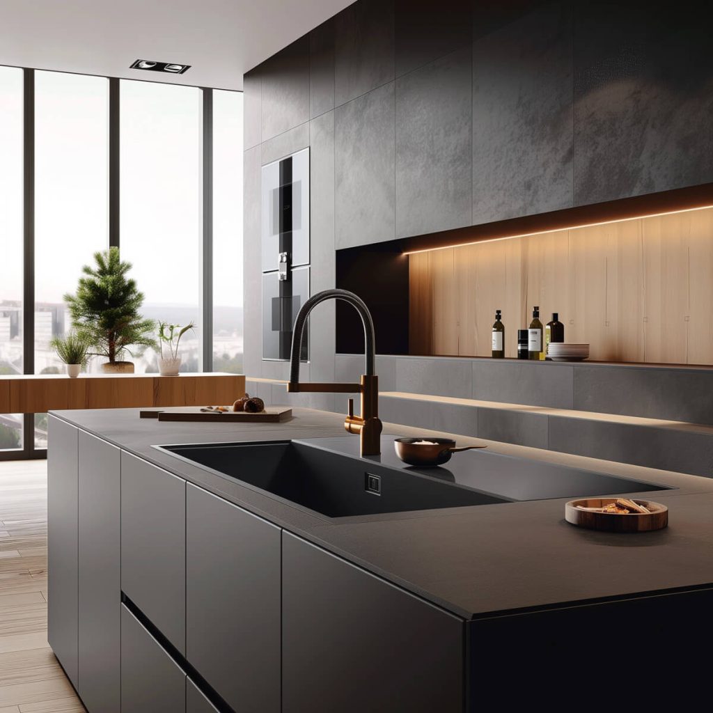 Modern kitchen with a seamless integrated sink design.