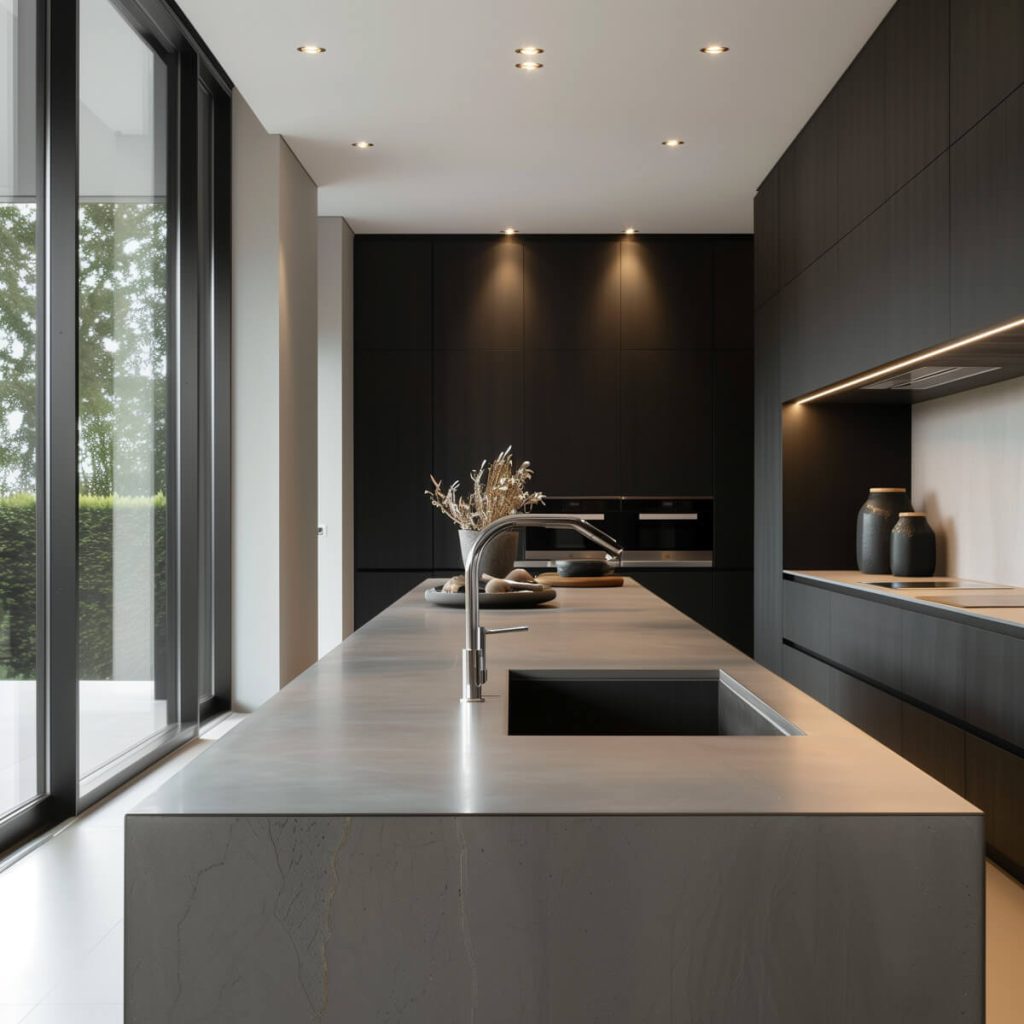 Modern kitchen with a seamless integrated sink design.