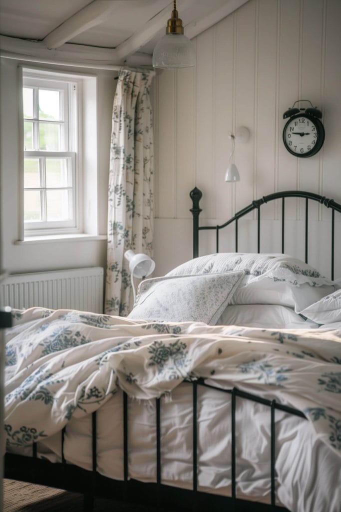 A vintage-style clock hung on a bedroom wall adding a nostalgic touch