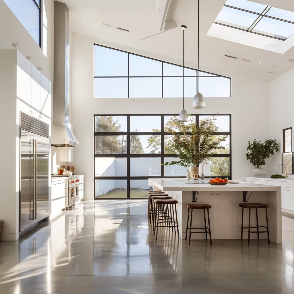 Chic white kitchen cabinets on industrial concrete flooring for a modern-rustic vibe.