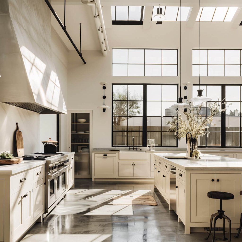 Chic white kitchen cabinets on industrial concrete flooring for a modern-rustic vibe.
