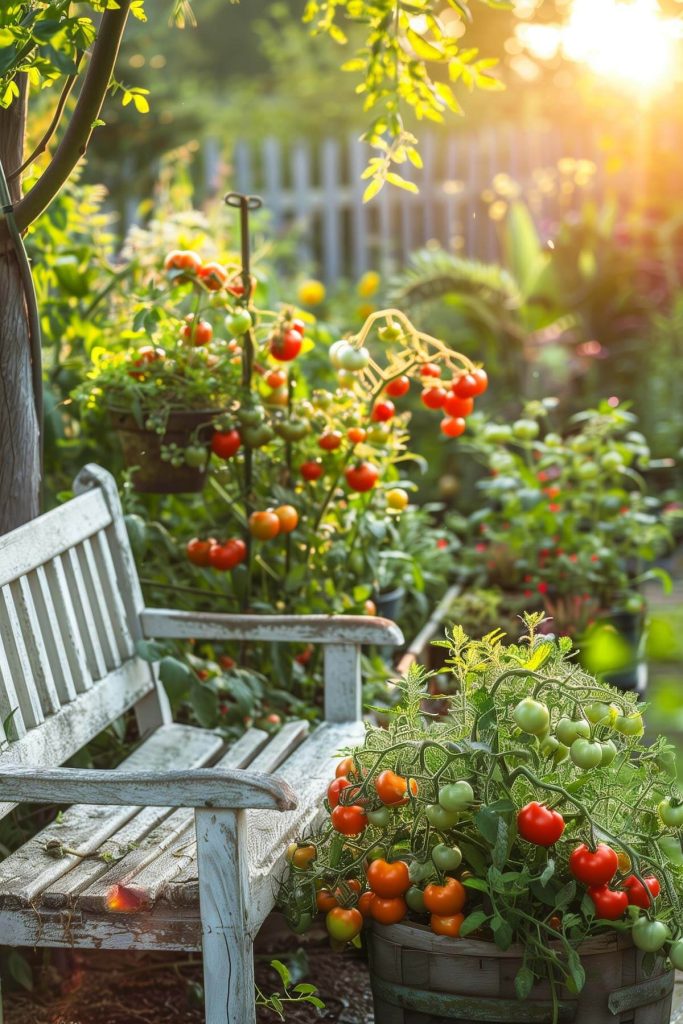 An edible garden corner with vegetables, fruits, and a small seating area.