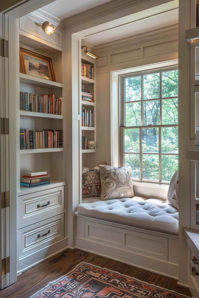 A small, cozy alcove with built-in shelves and a cushioned bench for a perfect reading hideaway.