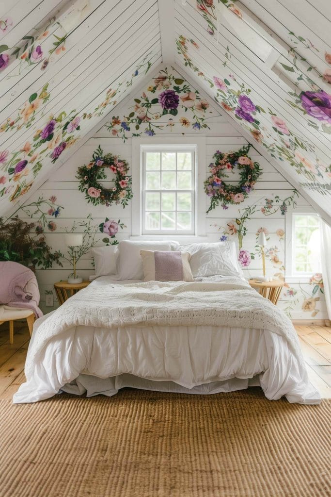 Floral wreaths hung on bedroom walls adding a fresh, garden-inspired feel.