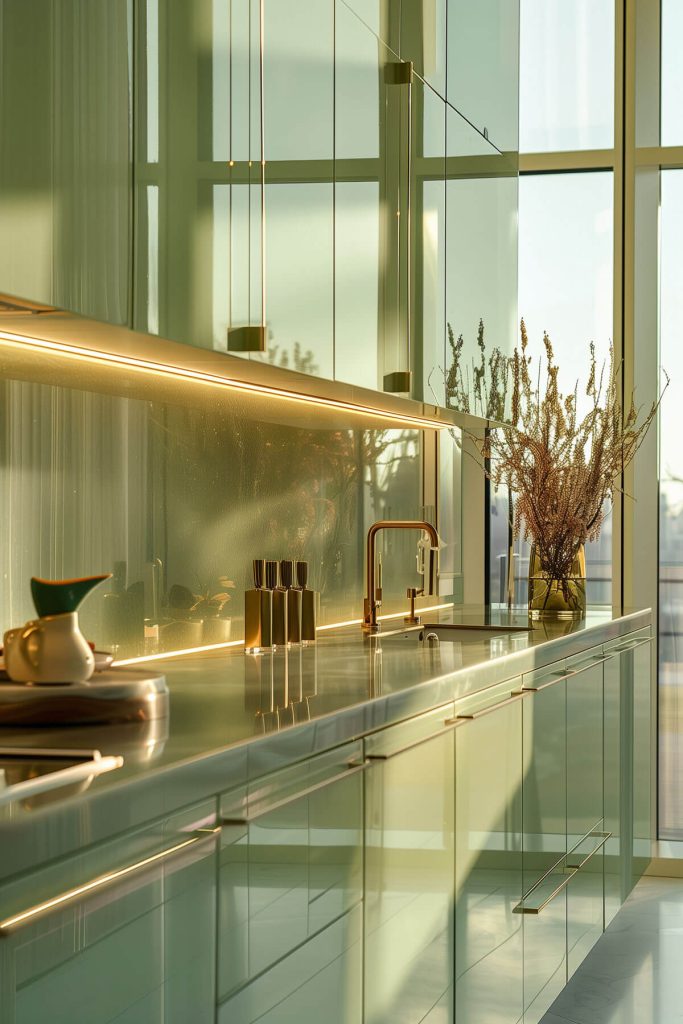 Sage green cabinets illuminated by LED accent lighting in a contemporary kitchen.