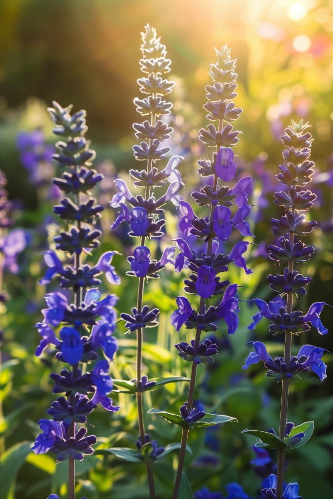 Spikes of blue and purple salvia flowers in a sunlit garden.