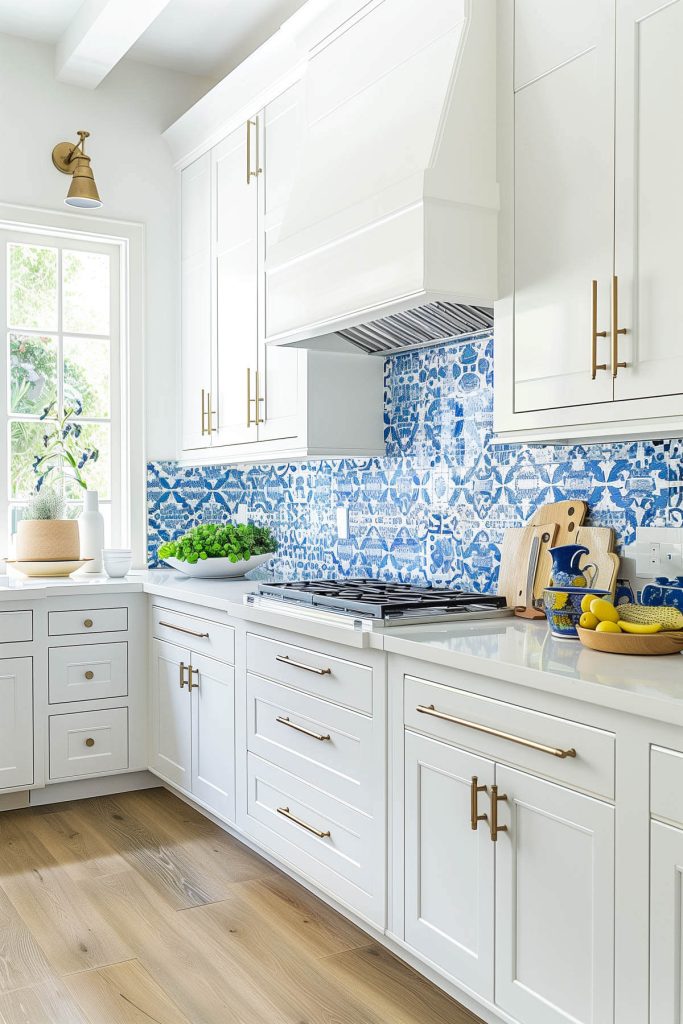 White kitchen cabinets adorned with a vibrant, hand-painted tile backsplash.