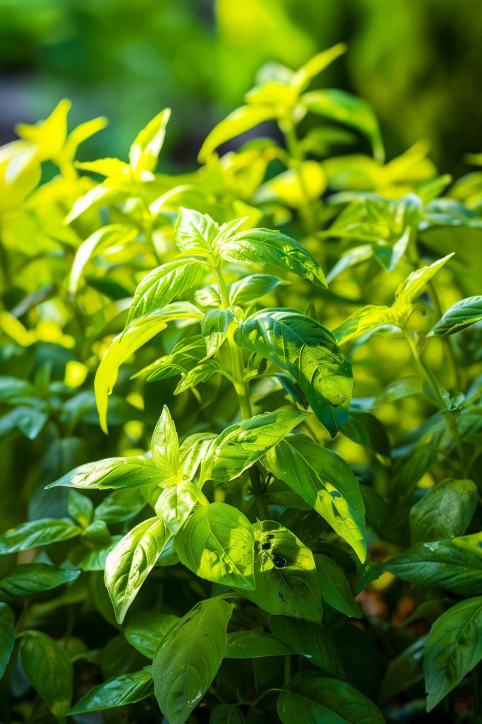 A lemon basil plant with bright green leaves and a hint of yellow, growing in a well-tended herb garden.