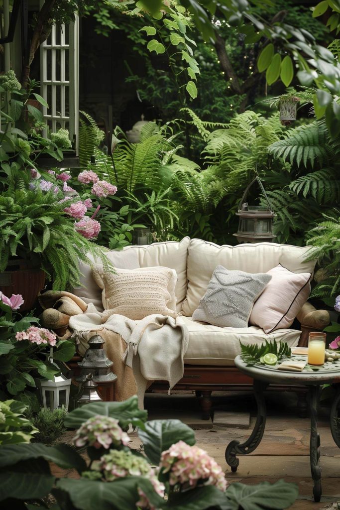 A shaded garden corner with ferns, hostas, and a bubbling rock water feature.