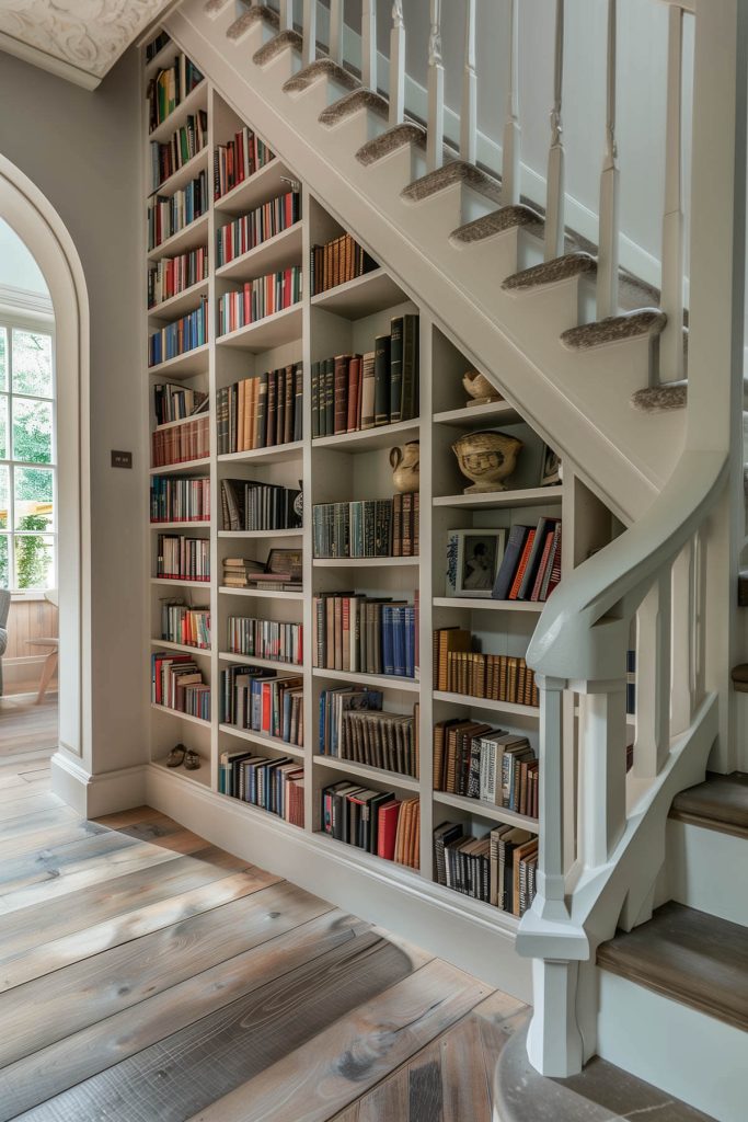 Cleverly designed custom shelves utilizing the space under the staircase for an efficient library.