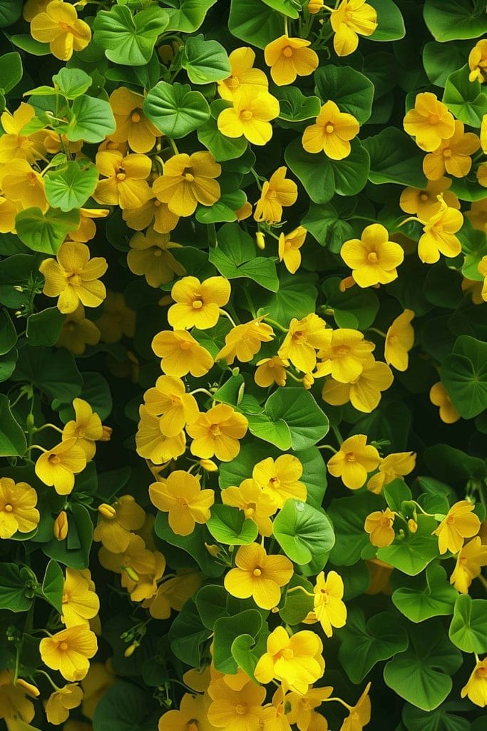 Bright yellow flowers and trailing foliage of lysimachia blooming in a sunny to partially shaded garden, adding ground cover.