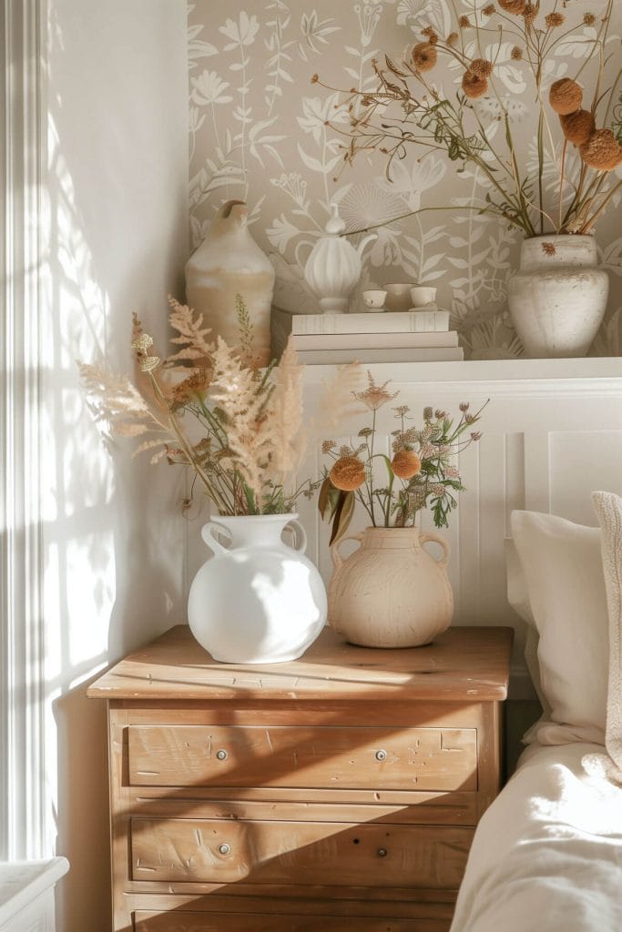 Ceramic vases filled with flowers or greenery adding an artisanal touch to a bedroom.