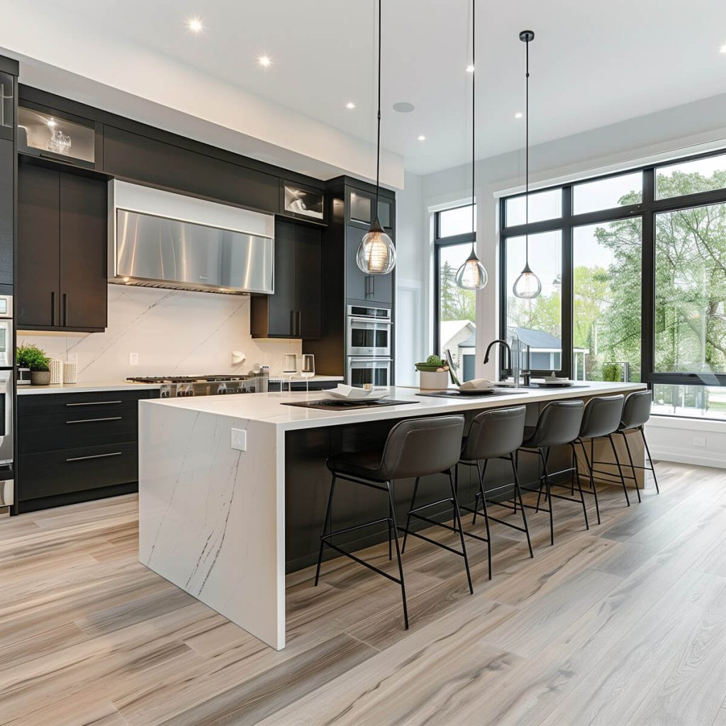 Kitchen with stylish luxury vinyl flooring mimicking hardwood.