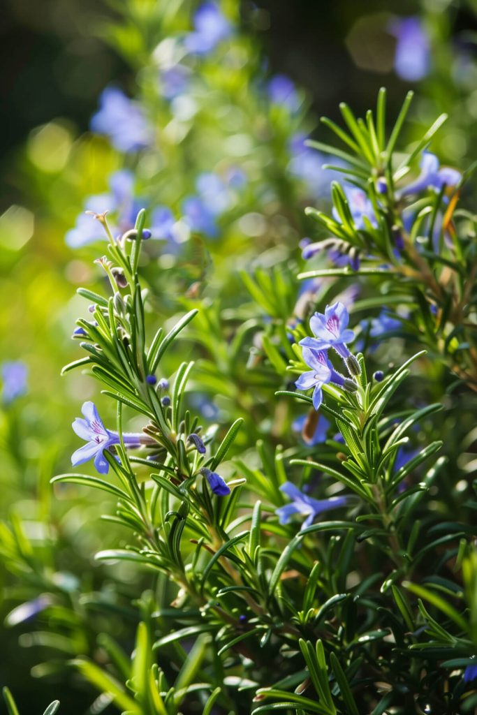 Fragrant blue flowers and needle-like leaves of rosemary in a sunlit herb garden.