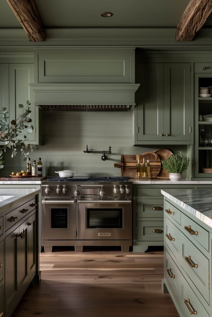 Sage green cabinets paired with rich espresso wood accents in a warm, inviting kitchen.