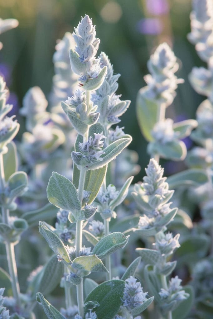 Soft, silvery foliage of stachys with spikes of pink or purple flowers blooming in a sunny, well-drained garden.